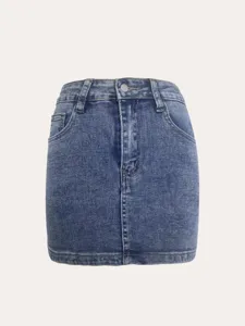 Detailed view of women's blue denim mini skirt, high waist design with classic pockets.