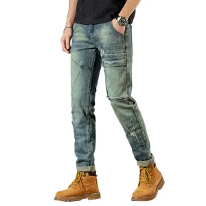 Hombre Vintage Azul Parches Slim Recto Jeans Estilo Moto Pantalon Largo Denim