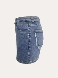 Details of light blue denim mini skirt, showcasing back pocket with raw fringe hem design.