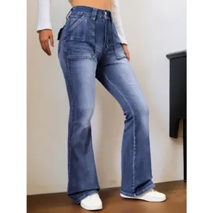 Women blue washed high waist stretch flare denim jeans casual slim fit long trousers.