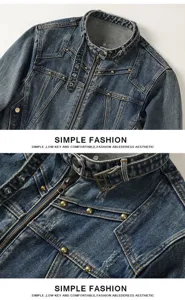 Nahaufnahmen Details des Herren Retro Jeansjacke Kragens, Metallnieten und Waschung.