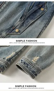 Herren Vintage Destroyed Jeansjacke Detailaufnahme, klassischer blauer Casual Mantel.