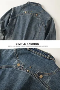 Denimjacke Detailansicht hinten mit Waschung, Sattelnaht und metallischen Knöpfen.