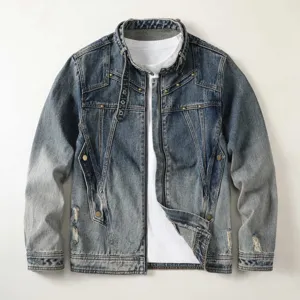 Herren Amerikanische Vintage Casual Denim Jacke Loose Fit Kapuze Reißverschluss Oberbekleidung Retro Blau Standard Fit Frühlingsmantel