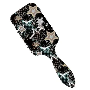 Brosse à cheveux plate noire tendance avec motif étoiles, peigne de massage démêlant.