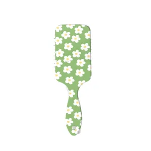 Cute green floral cushion hair brush, anti-tangle dry wet portable hair comb.