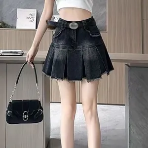 Gonna corta di jeans plissettata donna vita alta stile streetwear estivo chic