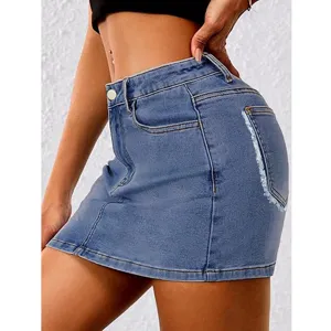 Women's High Waist Denim Skirt Casual Micro-Elastic Short Bodycon Denim Mini Skirt Frayed Raw Hem Summer Bottoms