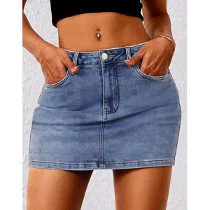 Women's light blue stretch denim mini skirt, casual high-waisted summer fashion main image.