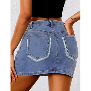 Women light blue stretch denim mini skirt summer sexy slim fit raw hem short jeans