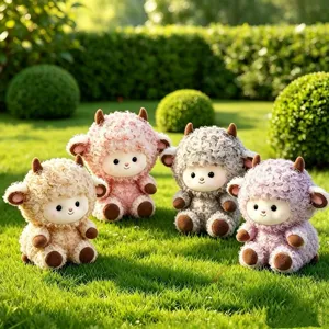 Cute curly wool sheep plush toys set, soft stuffed animal dolls for kids and home decor.