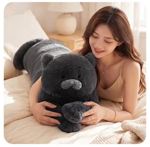 Long black cat plush pillow, cute stuffed animal toy for sleeping, soft bed hugging cushion.