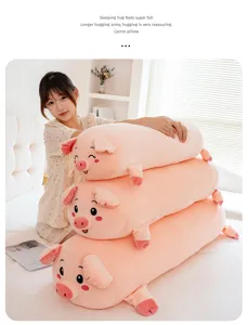 Cute pink pig long body plush pillow for sleeping, soft cuddling companion for bedroom bed.