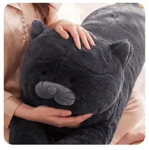 Soft long cat plush body pillow detail, dark grey cute stuffed animal cushion for side sleeping.