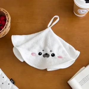 Cute seal hanging hand towel detail, soft absorbent plush fabric, cartoon animal kitchen wipe.