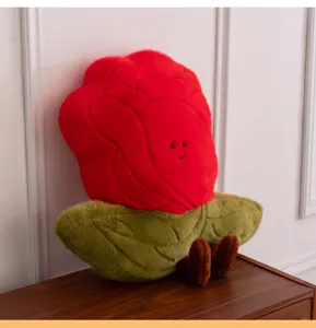 Rose plush pillow detail showcasing soft red petals, green leaves, and cute little legs.