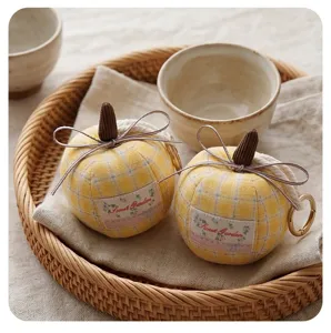 Cute yellow plaid pumpkin car hanging pendant and keychain with cute bow and fabric label.