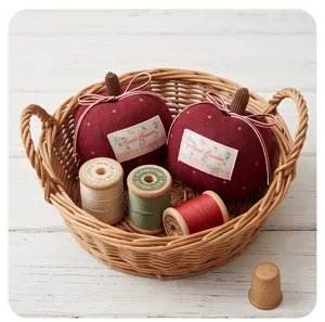 Close-up detail of fabric apple ornaments with wooden spools in basket, rustic tabletop decor.