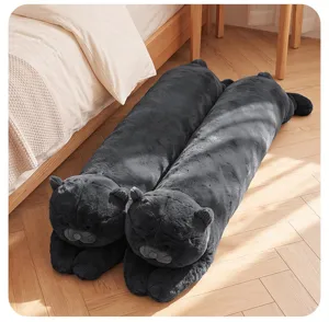 Long cat plush body pillow, soft toy for sleeping and cuddling, cute bed cushion detail view.