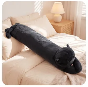 Long black cat plush body pillow, cute soft stuffed animal toy for side sleeping bed cushion.