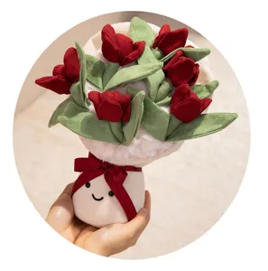 Detailed view of cute plush tulip flower bouquet toy, soft stuffed plant doll gift for women.