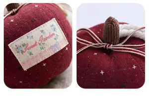 Close-up details of cute fabric apple car pendant, knitted stem, ribbon bow, decoration.
