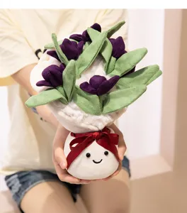 Cute plush tulip bouquet doll with smiley face pot and red ribbon, soft toy detail view.