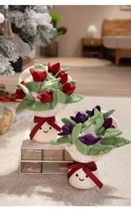 Plush tulip bouquet doll details, cute smiling flower pot ornament, soft fabric home decor.