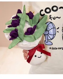 Plush tulip bouquet detail, soft fabric purple flowers and cute smiling wrap for gifts.