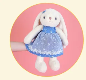 Cute long-eared plush bunny doll with removable blue floral dress, soft stuffed animal toy.