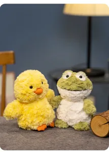 Cute yellow duck and green frog plush toys set, soft fluffy stuffed animal gifts for kids.