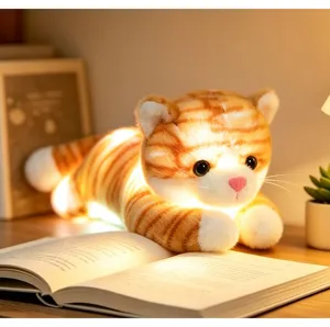 Cute glowing cat plush toy pillow, soft tabby kitten doll, warm night light detail shot.