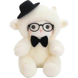 Lindo peluche de oveja de boda con gafas y sombrero, suave animal de peluche regalo novia.