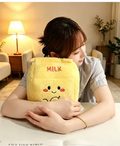 Cute yellow milk carton plush pillow soft stuffed doll cushion toy for home decor gift.