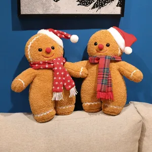 Christmas Gingerbread Man Plush Pillow Cute Stuffed Doll Festival Home Decor Sofa Cushion Red Green Scarf