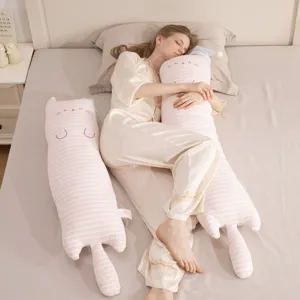 Lindo cojín largo y a rayas con forma de gato para dormir de lado, almohada suave para la cama.