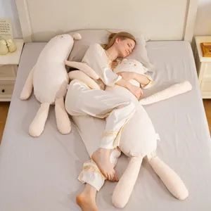 Detail view of long rabbit plush body pillow, soft hugging toy for comfortable sleep scene.