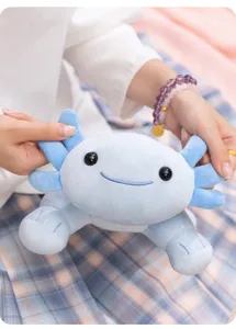 Cute blue axolotl plush toy, soft stuffed animal doll, adorable companion gift for kids.