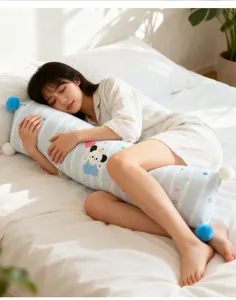 Cute striped long body pillow with cartoon panda print, comfortable bolster.