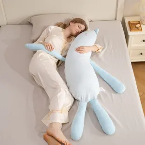 Long plush body pillow for sleeping, cute striped cat design, soft hugging cushion for bed.