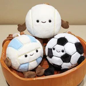 Cute sports ball plush keychain set, featuring tennis, volleyball, and soccer doll pendants.