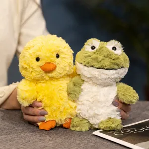 Cute yellow duck and green frog plush toys set, soft stuffed doll companion gifts.