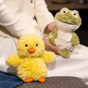 Cute yellow duck and green frog plush toys set, soft stuffed doll companion gifts for desk decor.