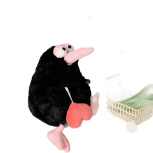 Cute black kiwi bird plush toy with red heart and cute design, soft stuffed animal doll for gifts.