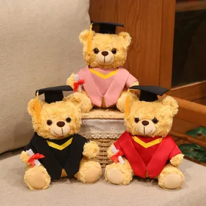 Graduation teddy bear plush toy with bachelor uniform and mortarboard hat, perfect gift.