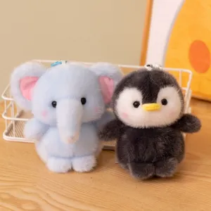 Cute plush elephant and penguin keychain set, soft stuffed animal bag pendant charm.