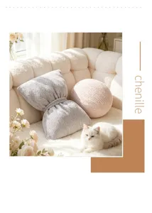 Close-up detail of soft chenille bowknot throw pillow and round cushion in cozy living room.