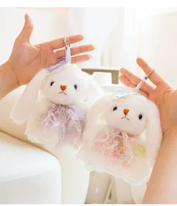 Cute Lolita style white plush bunny rabbit plushie keychain fluffy dress bag pendant decor