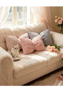 Detailed view of cute bow plush sofa pillow in pink and grey, soft and cozy living room decor.