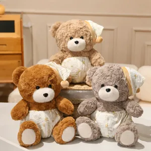 Cute Teddy Bear Plush Toy Stuffed Animal Soft Hugging Bear Doll with Sleep Cap and Shorts Birthday Gift